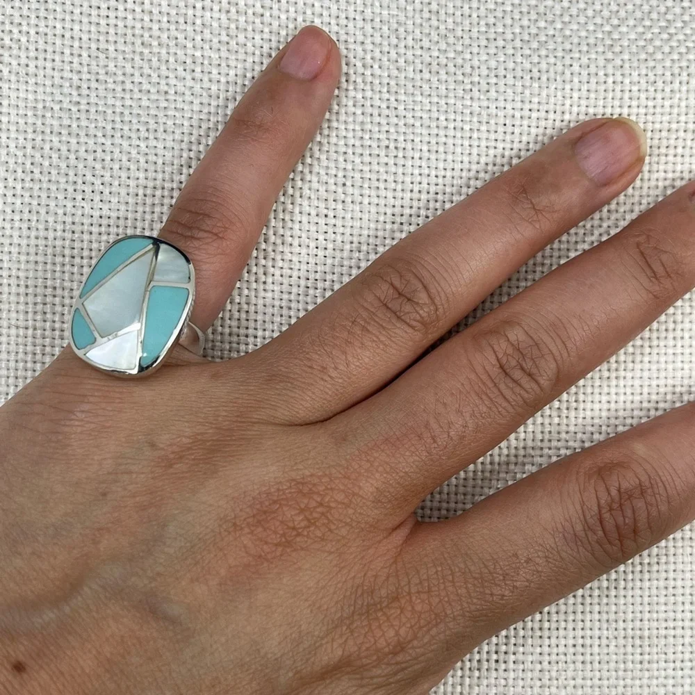 Vintage Thai 925 Sterling Silver Natural Turquoise MOP Inlay Ring Size 6 - Picture 10 of 16